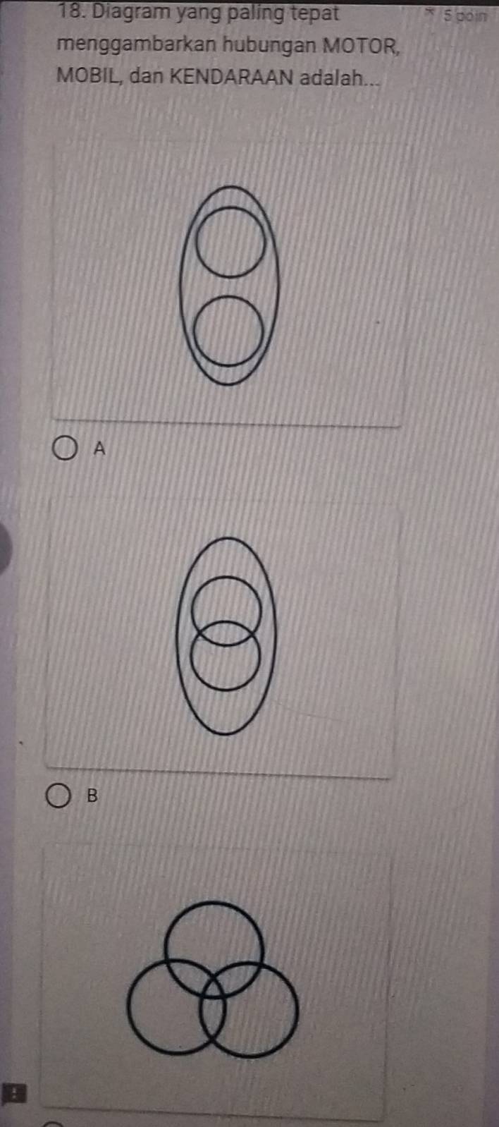 Diagram yang paling tepat 5 poin 
menggambarkan hubungan MOTOR, 
MOBIL, dan KENDARAAN adalah... 
A 
B