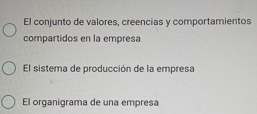 El conjunto de valores, creencias y comportamientos
compartidos en la empresa
El sistema de producción de la empresa
El organigrama de una empresa