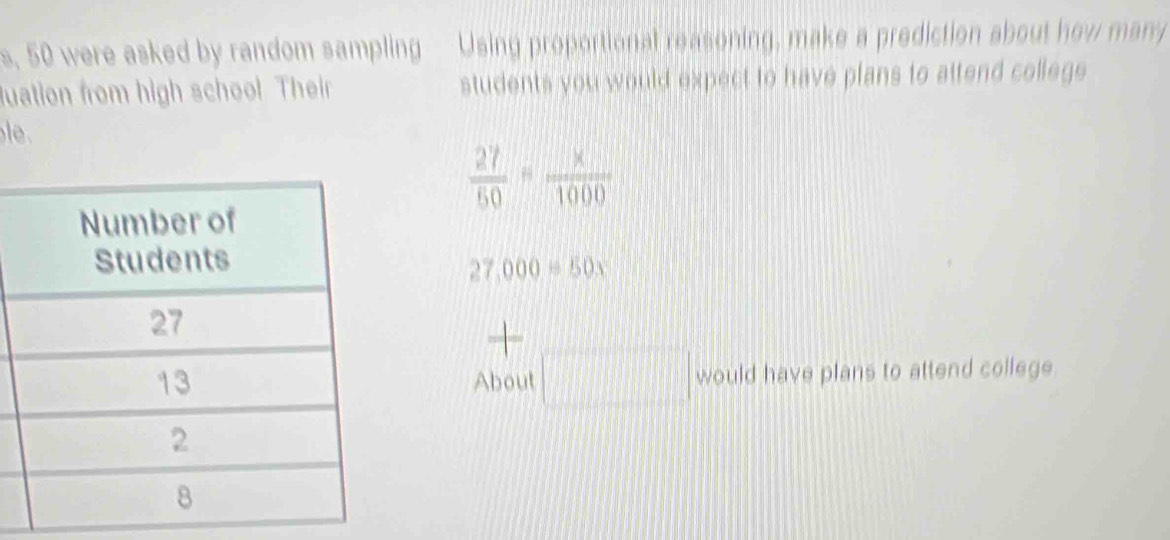 s, 50 were asked by random sampling Using proportional reasoning, make a prediction about hew many 
luation from high school Their students you would expect to have plans to attend college

 27/50 = x/1000 
27,000=50x
+ 
About □ would have plans to attend college