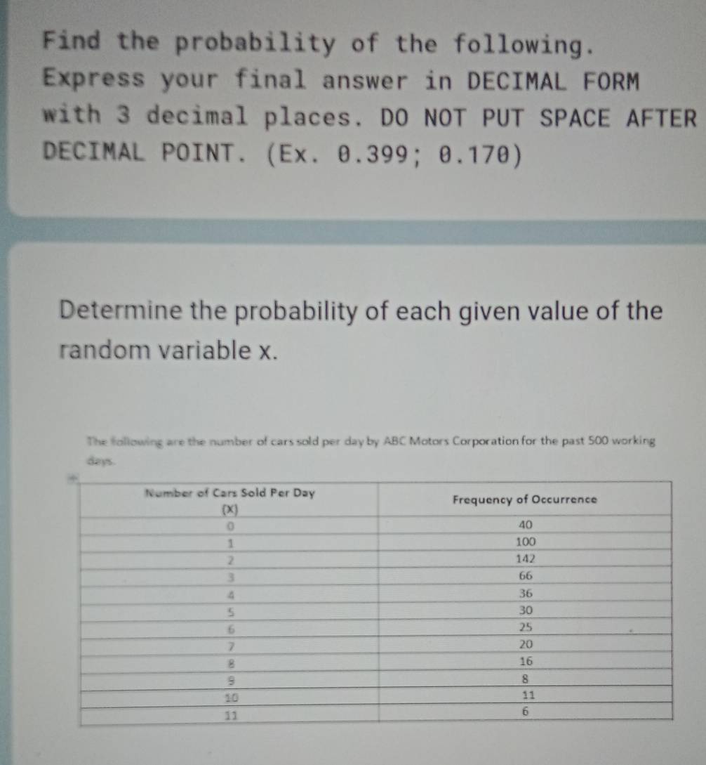 Find the probability of the following. 
Express your final answer in DECIMAL FORM 
with 3 decimal places. DO NOT PUT SPACE AFTER 
DECIMAL POINT. (Ex. θ.399; θ.17θ) 
Determine the probability of each given value of the 
random variable x. 
The following are the number of cars sold per day by ABC Motors Corporation for the past 500 working
days.