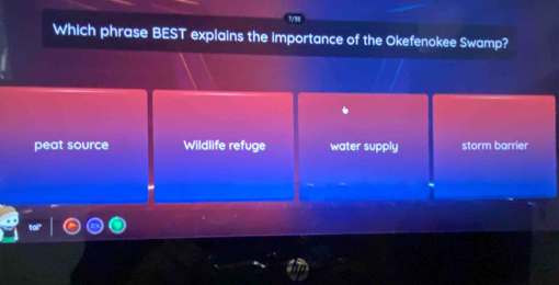 Which phrase BEST explains the importance of the Okefenokee Swamp?
peat source Wildlife refuge water supply storm barrier