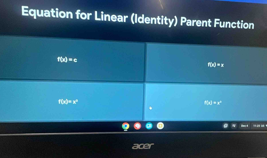 Equation for Linear (Identity) Parent Function
f(x)=c
f(x)=x
f(x)=x^2
f(x)=x^3
Dec 4 11:25 US 
acer