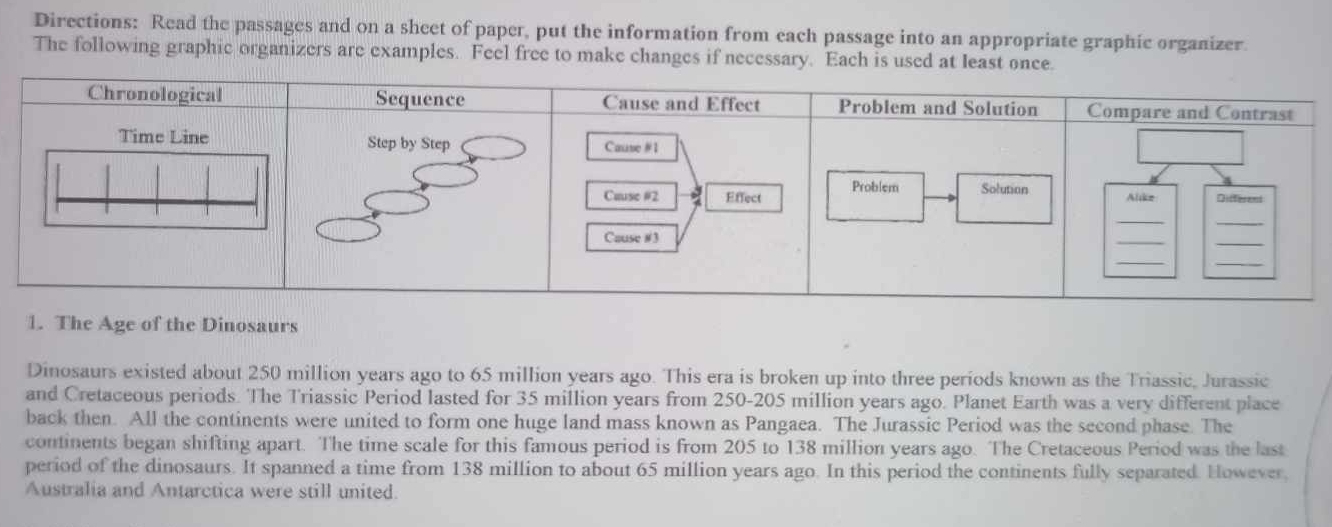 Directions: Read the passages and on a sheet of paper, put the information from each passage into an appropriate graphic organizer. 
The following graphic organizers are examples. Feel free to make changes if necessary. Each is used at least once 
1. The Age of the Dinosaurs 
Dinosaurs existed about 250 million years ago to 65 million years ago. This era is broken up into three periods known as the Triassic, Jurassic 
and Cretaceous periods. The Triassic Period lasted for 35 million years from 250-205 million years ago. Planet Earth was a very different place 
back then. All the continents were united to form one huge land mass known as Pangaea. The Jurassic Period was the second phase. The 
continents began shifting apart. The time scale for this famous period is from 205 to 138 million years ago. The Cretaceous Period was the last 
period of the dinosaurs. It spanned a time from 138 million to about 65 million years ago. In this period the continents fully separated. However, 
Australia and Antarctica were still united.