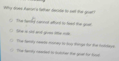 Why does keron's tather decide to sall the goal?
The famy cannot sttord to feed the gost.
She ie dé ané gives little mik
The tamby needs money to buy things for the holidays
The famly needed to butcher the gost for tood