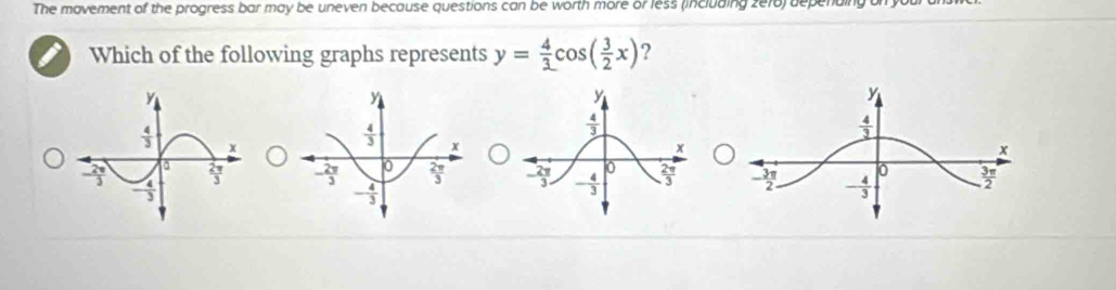 The movement of the progress bar may be uneven because questions can be worth more or less (including ze16) depending on y
Which of the following graphs represents y= 4/3 cos ( 3/2 x) ?