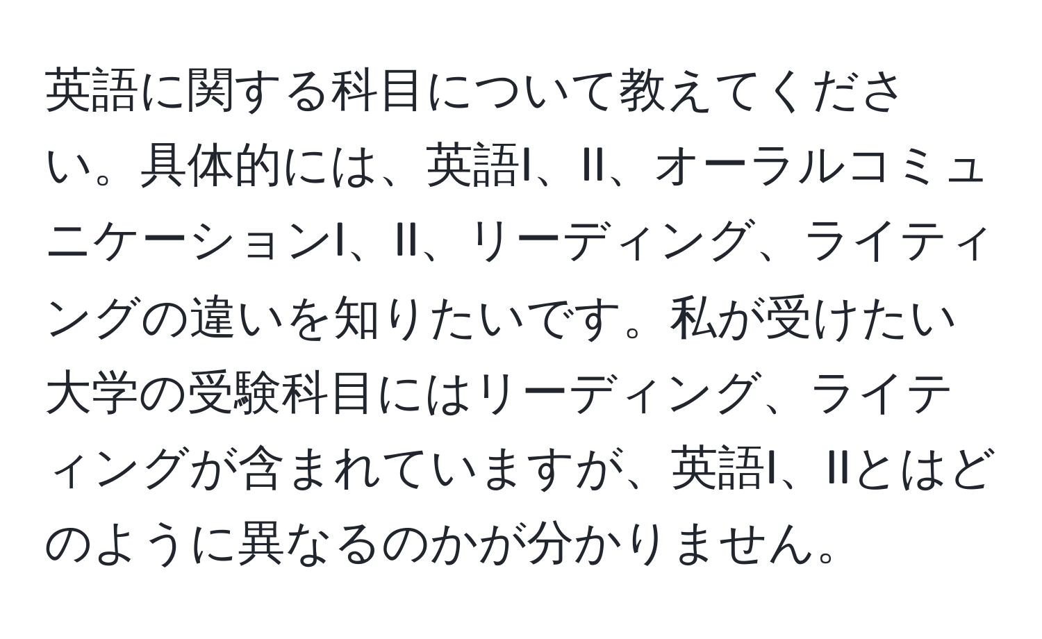 英語に関する科目について教えてください。具体的には、英語I、II、オーラルコミュニケーションI、II、リーディング、ライティングの違いを知りたいです。私が受けたい大学の受験科目にはリーディング、ライティングが含まれていますが、英語I、IIとはどのように異なるのかが分かりません。