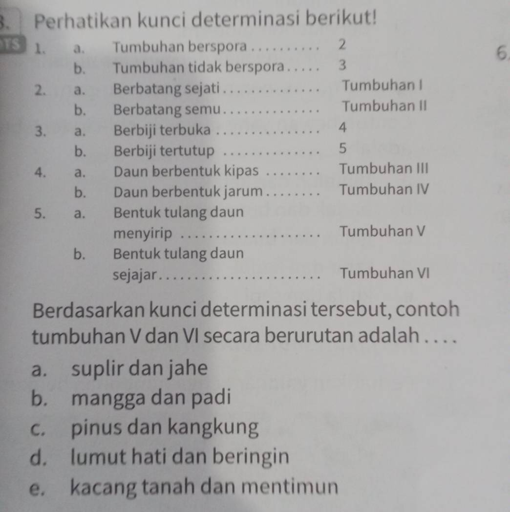 Perhatikan kunci determinasi berikut!
1S 1. a. Tumbuhan berspora . . . . . . . . . . 2
6.
b. Tumbuhan tidak berspora . . . . . 3
2. a. Berbatang sejati . . . . . . . . . . . . . . Tumbuhan I
b. Berbatang semu . . . . . . . . . . . . . . Tumbuhan II
3. a. Berbiji terbuka . . . . . . . . . . . . . . . 4
b. Berbiji tertutup . . . . . . . . . . . . . . 5
4. a. Daun berbentuk kipas ........ Tumbuhan III
b. Daun berbentuk jarum . . . . . . . . Tumbuhan IV
5. a. Bentuk tulang daun
menyirip . _Tumbuhan V
bù£ Bentuk tulang daun
sejajar_ Tumbuhan VI
Berdasarkan kunci determinasi tersebut, contoh
tumbuhan V dan VI secara berurutan adalah . . . .
a. suplir dan jahe
b. mangga dan padi
c. pinus dan kangkung
d. lumut hati dan beringin
e. kacang tanah dan mentimun