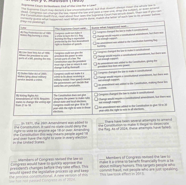 Madison (1803) 
Supreme Court Strikedown: End of the Line for a Law? 
The Supreme Court may declare a law unconstitutional, but that doesn't always mean the whole law is 
dead. Congress can change the law, repeal the law and pass a new one, drop the subject, or even amend 
the Constitution itself! First. read about four laws the Supreme Court has struck down. Then see if you can 
correctly guess wen you're done, match the letter of each law to its answer below. 
In 1971, the 26th Amendment was added to _There have been several attempts to amend 
the Constitution. It said no state could deny the the Constitution to make it illegal to desecrate 
right to vote to anyone age 18 or over. Amending the flag. As of 2024, these attempts have failed. 
the Constitution this way means people aged 18
and over have the right to vote in every election 
in the United States. 
Members of Congress revised the law so _Members of Congress revised the law to 
_Congress would have to quickly approve the make it a crime to benefit financially from a lie 
president’s changes before they take effect. This about military honors. This targets people who 
would speed the legislative process up and keep commit fraud, not people who are just speaking. 
the process constitutional. A new version of this This law took effect in 2013. 
law has not passed Congress as of 2024.