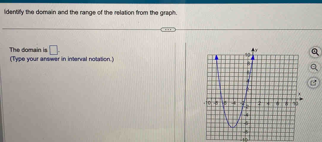 Identify the domain and the range of the relation from the graph. 
The domain is □. 
(Type your answer in interval notation.)
10