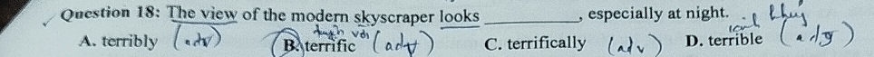 The view of the modern skyscraper looks_ , especially at night.
A. terribly B. terrific C. terrifically D. terrible