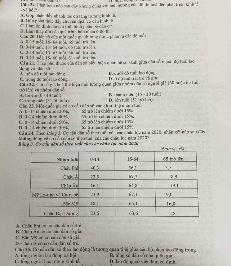 Phát biểu nào sau đây không đúng với ảnh hướng của đô thị hoá đến phát triển kinh tế
- xã hội?
A. Góp phần đầy nhanh tốc độ tăng trưởng kinh tế.
B. Góp phần thúc đầy chuyền dịch cơ cấu kinh tế.
C. Làm ồn định lâu dài tình hình phân bố dân cư.
D. Làm thay đổi các quá trình hôn nhân ở đô thị
Câu 20. Dân số của một quốc gia thường được phân ra các độ tuổi
A. 0-15 tuổi, 16- 64 tuổi, 65 tuổi trở lên.
B. 0-14 tuổi, 15- 64 tuổi, 65 tuổi trở lên.
C. 0-14 tuổi, 15- 65 tuổi, 66 tuổi trở lên.
D. 0-15 tuổi, 15- 60 tuổi, 61 tuổi trở lên.
Câu 21. Tỉ số phụ thuộc của dân số biểu hiện quan hệ so sánh giữa dân số ngoài độ tuổi lao
động với dân số
A. trên độ tuổi lao động. B. dưới độ tuổi lao động.
C. trong độ tuổi lao động. D. ở độ tuổi rất trẻ và giả.
Câu 22. Chỉ số già hoá thể hiện môi tương quan giữa nhóm dân số người già (60 hoặc 65 tuổi
trở lên) và nhóm dân số
A. trẻ em (0 - 14 tuổi). B. thanh niên (15 - 30 tuổi).
C. trung niên (31-50 tuổi). D. lớn tuổi (51 trở lên).
Câu 23. Một quốc gia có cơ cấu dân số vàng khi tỉ lệ nhóm tuổi
A. 0 -14 chiếm dưới 20%, 65 trở lên chiếm dưới 15%.
B. 0 -14 chiếm dưới 40%, 65 trở lên chiếm dưới 15%.
C. 0 -14 chiếm dưới 50%, 65 trở lên chiếm dưới 15%.
D. 0 -14 chiếm dưới 30%, 65 trở lên chiếm dưới 15%.
Câu 24. Theo Bảng 3. Cơ cấu dân số theo tuổi của các châu lục năm 2020, nhận xét nào sau đây
không đúng về cơ cầu dần số theo tuổi của các châu lục năm 2020?
Bảng 3. Cơ cấu dân số theo tuổi của các châu lục năm 2020
A. Châu Phi có cơ cấu dân số trẻ.
B. Châu Âu có cơ cấu dân số già.
C. Bắc Mỹ có cơ cấu dân số già.
D. Châu Á có cơ cấu dân số trẻ.
Câu 25. Cơ cấu dân số theo lao động là tương quan tỉ lệ giữa các bộ phận lao động trong
A. tổng nguồn lao động xã hội.  B. tổng số dân số của quốc gia.
C. tổng người hoạt động kinh tế. D. lao động có việc làm cố định.