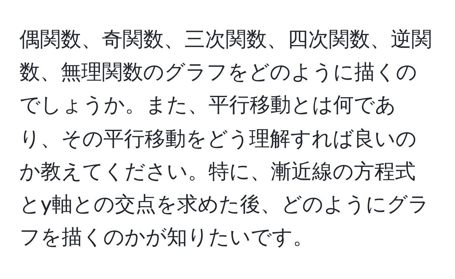 偶関数、奇関数、三次関数、四次関数、逆関数、無理関数のグラフをどのように描くのでしょうか。また、平行移動とは何であり、その平行移動をどう理解すれば良いのか教えてください。特に、漸近線の方程式とy軸との交点を求めた後、どのようにグラフを描くのかが知りたいです。