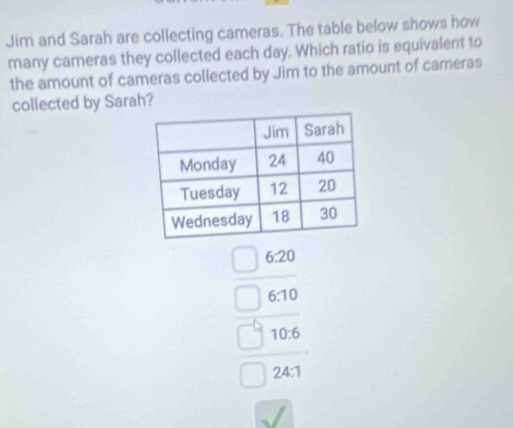 Jim and Sarah are collecting cameras. The table below shows how 
many cameras they collected each day. Which ratio is equivalent to 
the amount of cameras collected by Jim to the amount of cameras 
collected by Sarah?
beginarrayr □ 620 □ 610 hline endarray
10:6
24:1