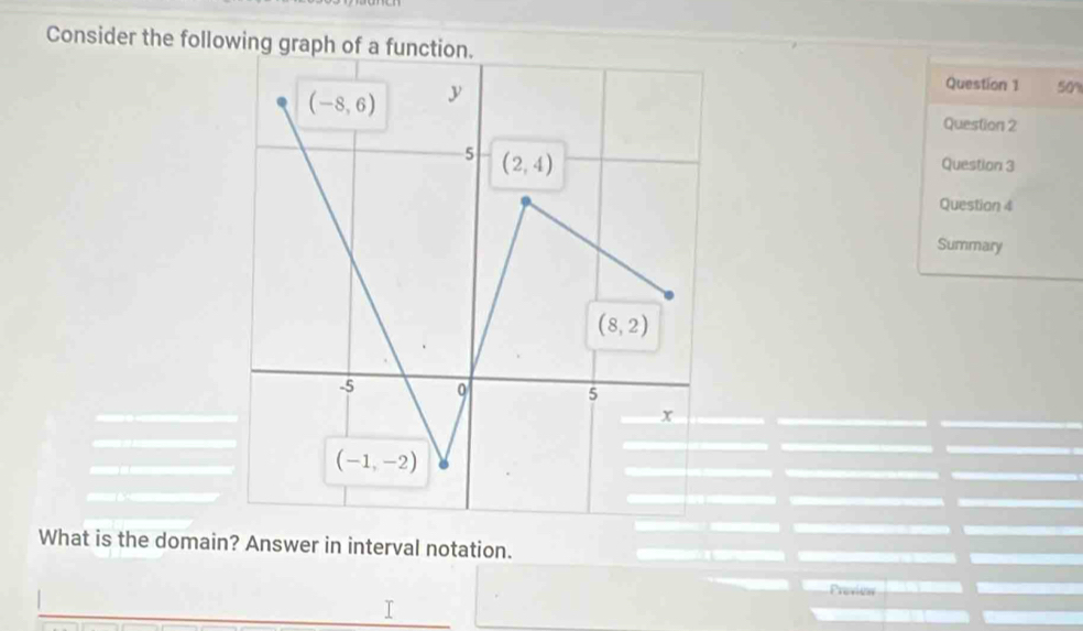 Consider the following graph of a function.
Question 1 50%
Question 2
Question 3
Questian 4
Summary
What is the domain? Answer in interval notation.
Previear