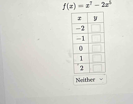 f(x)=x^7-2x^5
Neither