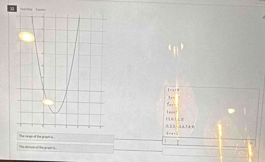 Matching
1
1≤ x3
f_≤ y
1≤ y≤ 
[-1,0,1,2,3]
 1,2,3,4,5,6,7,8,9
-1
The range of the graph is...
The domain of the graph is...