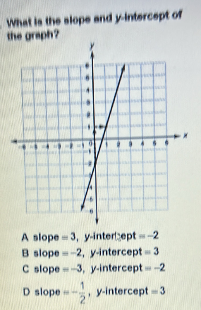 What is the slope and y-intercept of
the graph?
A slope =3 ， y -interept equiv -2
B slope equiv -2 ,y-intercept equiv 3
C slope =-3 , y-intercept =-2
D slope =- 1/2  , y-intercept equiv 3