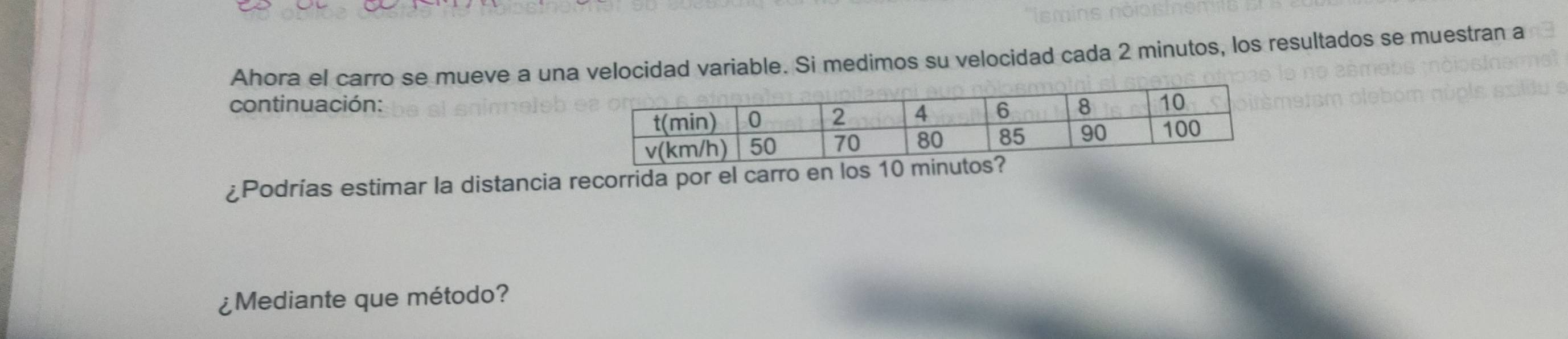 Ahora el carro se mueve a una velocidad variable. Si medimos su velocidad cada 2 minutos, los resultados se muestran a 
continuación: 
¿Podrías estimar la distancia recorrida por el carro en los 10 m
¿Mediante que método?