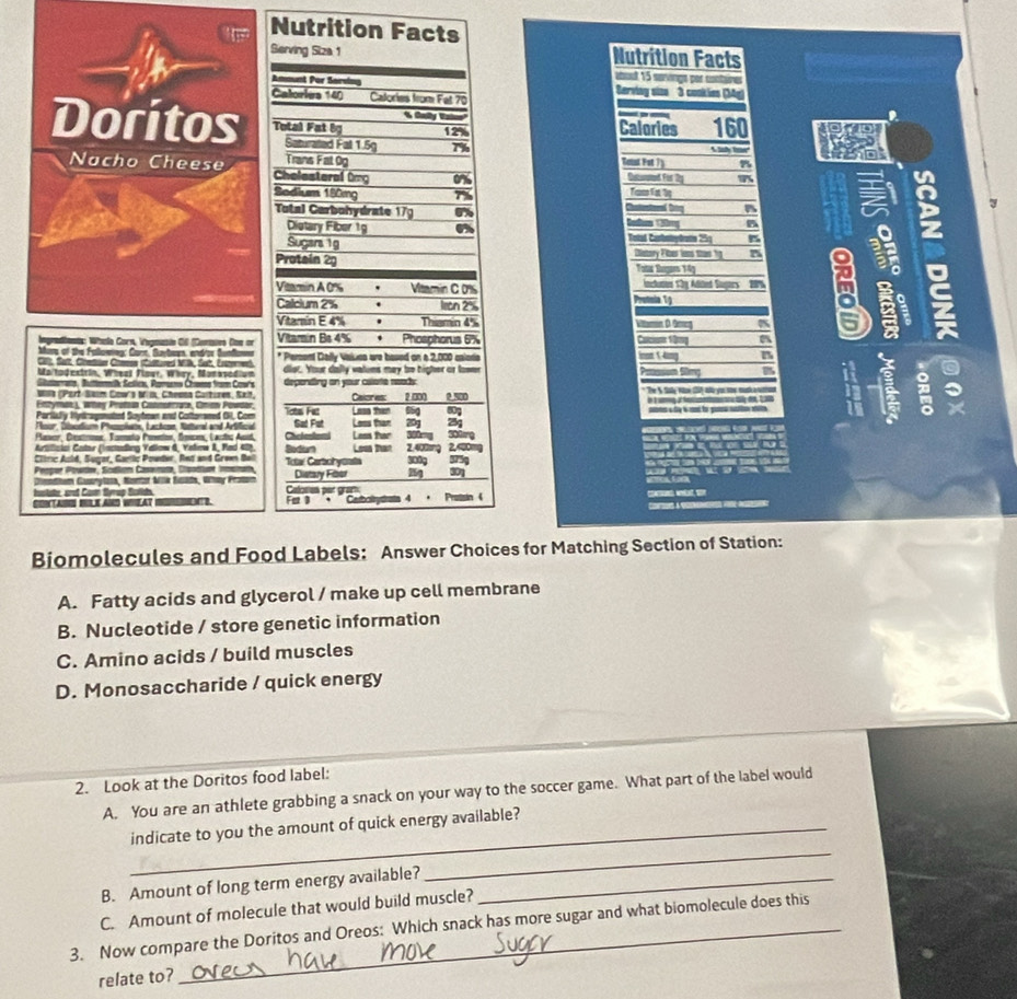 Han Nutrition Facts
Serving Siza 1 Nutrition Facts
Anmunt Por Sorsing
about 15 servinga por contirer
Catories 14 Calories from Fat 70  Serving siso 3 cookies (Mg)
Doritos Total Fat 8g 12% Calories 160 1070
Saturated Fall 1.5g 7%
to
Trans Fal Og Toust Fat / %
Nacho Cheese Chelesteral Og
Outurated For y
Sodium 180mg Chatestred tin Tas Fa 
Total Carbohydrate 179
B
Distary Fiber 19
a
Sugara 1g Tatal Carbrtophentn 251 B
Protain 29 Distory Fiter less then hg
Tota Sugar 149
Vitamin A 0%  . Vitamin C 0%  Ionclutton Sây Adited Sugors 2
Calcium 2% · leon 2% Protoin 19
Vitamín E 4%  · Thiamin 4% Vlmin D âm
Ingradients: Whle Gorn, Vagosin C6 (Comaino Don or Vitamin Bs 4% • Phosphorus 6% CaceV
Mans of the Fallowreg: Carn, Surbon, endror Sundomer * Persent Dally Values are based on a 2,000 csioda inon 14mg
Ci, Sart, Cremar Chemsa (Cstured VA, Sat, Enteer
Maltodestrin, Wheal Flour, Whry, Monapodium diot. Your dally vatums may be higher or fower
Comara, Ntoi Setic Pamna Cha fr Cora depending on your calate reads: Prtssom Simç it
uns (Port Saim Cow's bn, Chesen Calturen, Sait,  T    S t 2 t a a t    。
   
Entyman ), Whny Protsán Cabnstrraca, Cnién Povdar Tots Fat Lasa than 66g Caiores: 2 300) 2.500    l  to pa    
Parlfv Vntroematoed Snhnan ent Cothoraned O. Com
80g
Poor, Séetum Pnsn, Lcton Saturs and Arttica Gad Fat Less than 20g
Pasor, Destros, Somelo Poeion, Snices, lact Asid, Cheleston Less than 300mg 300ing
Artilicisi Cator (inctoding Yallow &, Yelimw &, Pad 40),
Cliric Auld, Sugar, Gaetic Powder, Red and Green Bell Tcta Cartohyonta Sedarn Lesa than 2.400ing 2.480mg 375g
3009
Propor Powter, Scdium Casemate, Cpodtua Inmsmat Distary Fiber 2g 301
Gsodhum Gasnytasa, Montor Milk Susada, Whay Proton Caloses per gram
SOTARI BLE AND WHA . Fet 9 + '' Carboltysrats 4 4
Biomolecules and Food Labels: Answer Choices for Matching Section of Station:
A. Fatty acids and glycerol / make up cell membrane
B. Nucleotide / store genetic information
C. Amino acids / build muscles
D. Monosaccharide / quick energy
2. Look at the Doritos food label:
A. You are an athlete grabbing a snack on your way to the soccer game. What part of the label would
_indicate to you the amount of quick energy available?
B. Amount of long term energy available?_
_
C. Amount of molecule that would build muscle?
3. Now compare the Doritos and Oreos: Which snack has more sugar and what biomolecule does this
relate to?