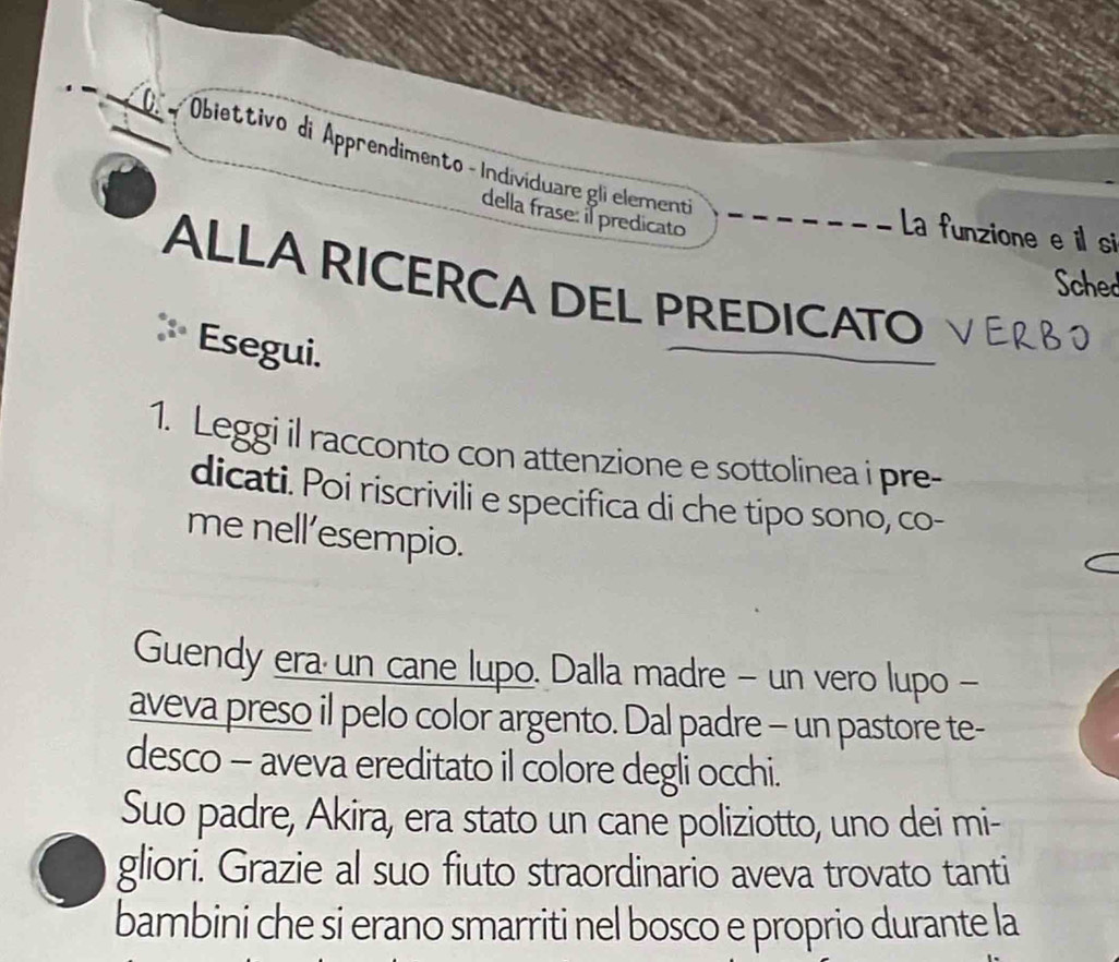 Obiettivo di Apprendimento - Individuare gli elementi 
della frase: il predicato 
La funzione e il si 
Sched 
ALLA RICERCA DEL PREDICATO 
Esegui. 
1. Leggi il racconto con attenzione e sottolinea i pre- 
dicati. Poi riscrivili e specifica di che tipo sono, co- 
me nell’esempio. 
Guendy era· un cane lupo. Dalla madre - un vero lupo - 
aveva preso il pelo color argento. Dal padre - un pastore te- 
desco - aveva ereditato il colore degli occhi. 
Suo padre, Akira, era stato un cane poliziotto, uno dei mi- 
gliori. Grazie al suo fiuto straordinario aveva trovato tanti 
bambini che si erano smarriti nel bosco e proprio durante la