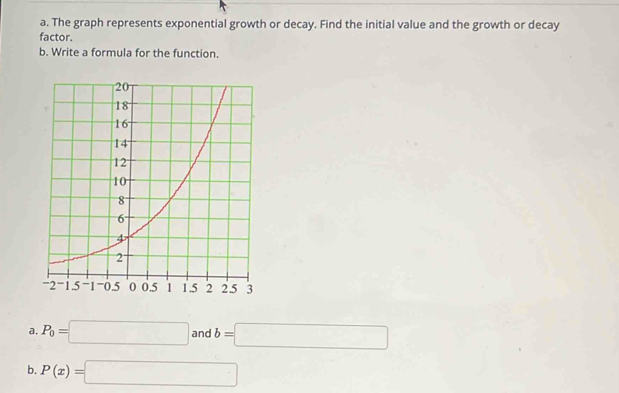 The graph represents exponential growth or decay. Find the initial value and the growth or decay 
factor. 
b. Write a formula for the function. 
a. P_0=□ and b=□
b. P(x)=□