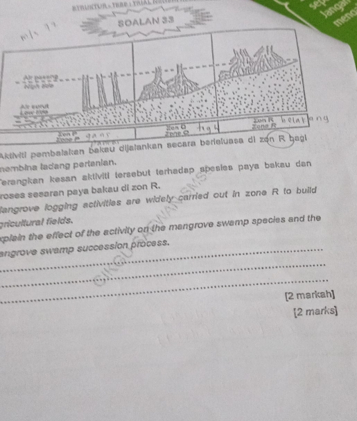 SOALAN 33 

As curt 
Zon R 
zona 
Aktiviti pembalakan bakau dijalankan secara berieluasa di zon R bagi 
membina ladang pertanian. 
Terangkan kesan aktiviti tersebut terhadap spesies paya bakau dan 
roses sesaran paya bakau di zon R. 
langrove logging activities are widely carried out in zone R to build 
gricultural fields. 
xplain the effect of the activity on the mangrove swamp species and the 
_angrove swamp succession process. 
_ 
_ 
[2 markah] 
[2 marks]