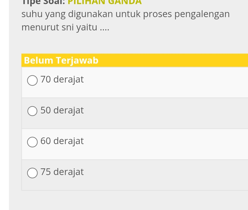 Tpe Soại: PILIHAN GANDA 
suhu yang digunakan untuk proses pengalengan 
menurut sni yaitu ....