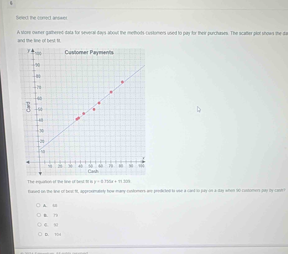 Select the correct answer.
A store owner gathered data for several days about the methods customers used to pay for their purchases. The scatter plot shows the da
and the line of best fit.
The equation of the line of best fit is y=0.755x+11.339. 
Based on the line of best fit, approximately how many customers are predicted to use a card to pay on a day when 90 customers pay by cash?
A. 68
B. 79
C. 92
D. 104