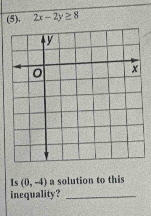 (5). 2x-2y≥ 8
Is (0,-4) a solution to this 
inequality?_