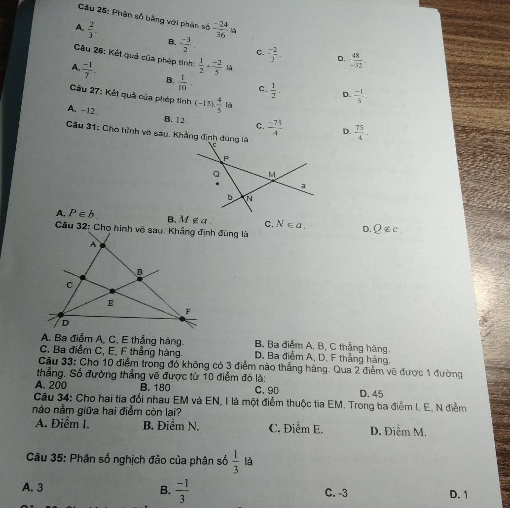 Phân số bằng với phân số
A.  2/3 .  (-24)/36  là
B.  (-3)/2 .
C.  (-2)/3 .
Câu 26: Kết quả của phép tính:
D.  48/-32 .
A.  (-1)/7 .  1/2 + (-2)/5  là
B.  1/10 .
C.  1/2 .
D.  (-1)/5 .
Câu 27: Kết quả của phép tính (-15). 4/5  là
A. -12 . B. 12 .
C.  (-75)/4 .
D.  75/4 .
Câu 31: Cho hình vẽ sau. Khẳng định đúng là
A. P∈ b.
B. M∉ a. C. N∈ a. Q∉ c.
D.
A. Ba điểm A, C, E thẳng hàng. B. Ba điểm A, B, C thẳng hàng.
C. Ba điểm C, E, F thẳng hàng. D. Ba điểm A, D, F thẳng hàng.
Câu 33: Cho 10 điểm trong đó không có 3 điểm nào thẳng hàng. Qua 2 điểm vẽ được 1 đường
thẳng. Số đường thẳng vẽ được từ 10 điểm đó là:
A. 200 B. 180 C. 90 D. 45
Câu 34: Cho hai tia đối nhau EM và EN, I là một điểm thuộc tia EM. Trong ba điểm I, E, N điểm
nào nằm giữa hai điểm còn lại?
A. Điểm I. B. Điểm N. C. Điểm E. D. Điểm M.
*  Câu 35: Phân số nghịch đảo của phân số  1/3  là
A. 3
B.  (-1)/3  C. -3 D. 1