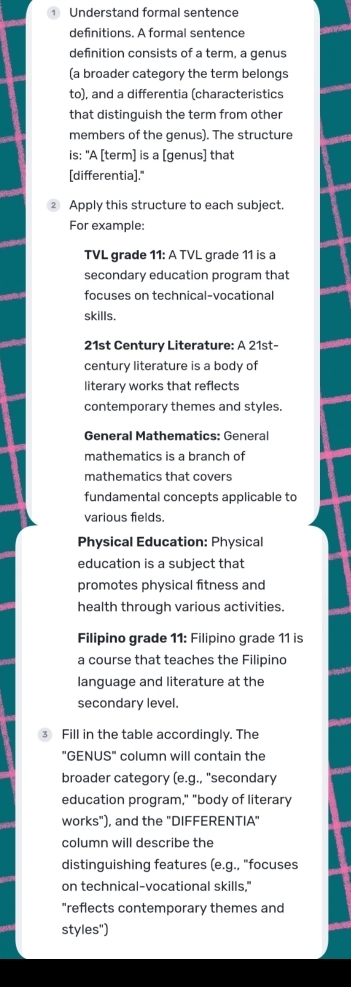 Understand formal sentence 
definitions. A formal sentence 
definition consists of a term, a genus 
(a broader category the term belongs 
to), and a differentia (characteristics 
that distinguish the term from other 
members of the genus). The structure 
is: "A [term] is a [genus] that 
[differentia]." 
Apply this structure to each subject. 
For example: 
TVL grade 11: A TVL grade 11 is a 
secondary education program that 
focuses on technical-vocational 
skills. 
21st Century Literature: A 21st- 
century literature is a body of 
literary works that reflects 
contemporary themes and styles. 
General Mathematics: General 
mathematics is a branch of 
mathematics that covers 
fundamental concepts applicable to 
various fields. 
Physical Education: Physical 
education is a subject that 
promotes physical fitness and 
health through various activities. 
Filipino grade 11: Filipino grade 11 is 
a course that teaches the Filipino 
language and literature at the 
secondary level. 
3 Fill in the table accordingly. The 
"GENUS" column will contain the 
broader category (e.g., "secondary 
education program," "body of literary 
works"), and the "DIFFERENTIA" 
column will describe the 
distinguishing features (e.g., "focuses 
on technical-vocational skills," 
"reflects contemporary themes and 
styles")