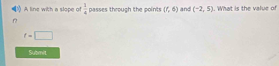 A line with a slope of  1/4  passes through the points (f,6) and (-2,5). What is the value of
f=□
Submit