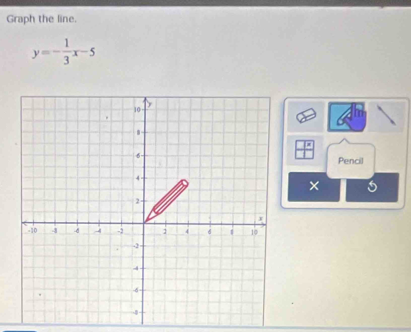 Graph the line.
y=- 1/3 x-5
Pencil 
×