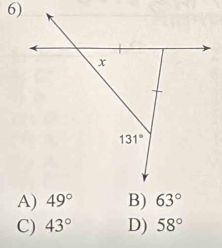 A) 49° B) 63°
C) 43° D) 58°