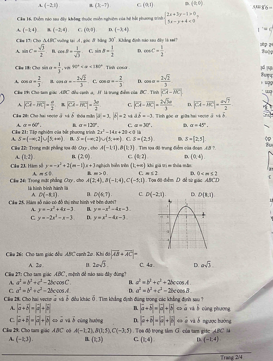 A. (-2;1). B. (3;-7). C. (0;1) D. (0;0). .smu Ig'6=
Câu 16. Điểm nào sau đây không thuộc miền nghiệm của hệ bắt phương trình beginarrayl 2x+3y-1>0 5x-y+4<0endarray. ?
A. (-1;4) B. (-2;4) C. (0;0). D. (-3;4). f'wvarepsilon
Câu 17: Cho △ ABC vuông tại A , góc B bằng 30°. Khẳng định nào sau đây là sai?
ép 2º
A. sin C= sqrt(3)/2  B. cos B= 1/sqrt(3)  C. sin B= 1/2  D. cos C= 1/2 . Suộp
Câu 18: Cho sin alpha = 1/3  6i90° <180°. Tính cos alpha .
[d !4]
A. cos alpha = 2/3  B. cos alpha =- 2sqrt(2)/3 . C. cos alpha =- 2/3  D. cos alpha = 2sqrt(2)/3 .
âuyप:
) uạp
Cầâu 19: Cho tam giác ABC đều cạnh a, H là trung điểm của BC . Tính |overline CA-overline HC|.
w
A. |vector CA-vector HC|= a/2  B. |vector CA-vector HC|= 3a/2 . C. |overline CA-overline HC|= 2sqrt(3)a/3 . D. |vector CA-vector HC|= asqrt(7)/2 .
Câu 20: Cho hai vecto vector a và vector b thỏa mãn |vector a|=3,|vector b|=2 và vector a.vector b=-3 Tính góc α giữa hai vecto vector a 1 vector ab ny
A. alpha =60°. B. alpha =120°. C. alpha =30°. D. alpha =45°.
Câu 21: Tập nghiệm của bất phương trình 2x^2-14x+20<0</tex> là
A. S=(-∈fty ;2]∪ [5;+∈fty ) B. S=(-∈fty ;2)∪ (5;+∈fty ). C. S=(2;5). D. S=[2;5]. 9p
âu
Câu 22: Trong mặt phẳng tọa độ Oxy , cho A(-1;1),B(1;3). Tìm tọa độ trung điểm của đoạn AB ?.
B.
A. (1;2). (2;0). C. (0;2) D. (0;4).
Câu 23. Hàm số y=-x^2+2(m-1)x+3 nghịch biển trên (1;+∈fty ) khi giá trị m thỏa mãn:
əx
A. m≤ 0. B. m>0. C. m≤ 2. D. 0
ε
Câu 24: Trong mặt phẳng Oxy, cho A(2;4),B(-1;4),C(-5;1). Tọa độ điểm D đề tứ giác ABCD
là hình bình hành là
A. D(-8;1). B. D(6;7). C. D(-2;1). D. D(8;1).
Câu 25. Hàm số nào có đồ thị như hình vẽ bên dưới?
u
A. y=-x^2+4x-3. B. y=-x^2-4x-3.
C. y=-2x^2-x-3. D. y=x^2-4x-3.
Câu 26: Cho tam giác đều ABC cạnh 2a . Khi d6|overline AB+overline AC|=
A. 2a . B. 2asqrt(3). C. 4a . D. asqrt(3).
Câu 27: Cho tam giác ABC , mệnh đề nào sau đây đúng?
A. a^2=b^2+c^2-2bccos C. B. a^2=b^2+c^2+2bccos A.
C. a^2=b^2+c^2-2bccos A. D. a^2=b^2+c^2-2bccos B.
Câu 28. Cho hai vectơ vector a và vector b đều khác vector 0. Tìm khẳng định đúng trong các khẳng định sau ?
B.
A. |vector a+vector b|=|vector a|+|vector b| |vector a+vector b|=|vector a|+|vector b| vector a và vector b cùng phương
C. |vector a+vector b|=|vector a|+|vector b| s ā và vector b cùng hướng D. |vector a+vector b|=|vector a|+|vector b| ← vector a và vector b ngược hướng
Câu 29. Cho tam giác ABC có A(-1;2),B(1;5),C(-3;5) Tọa độ trọng tâm G của tam giác  . ABC C là
A. (-1;3). B. (1;3) C. (1;4). D. (-1;4).
Trang 2/4