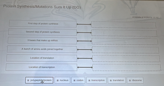 Protein Synthesis/Mutations Sum It Up (DG) 
POSSILE POINTS: 1154
First step of protein synthesis 
Second step of protein synthesis 
3 bases that make up mRNA 
A bunch of amino acids joined together 
Location of translation 
Location of transcription 
:= polypeptide/protein :: nucleus : codon =: transcription :;translation ; ribosome