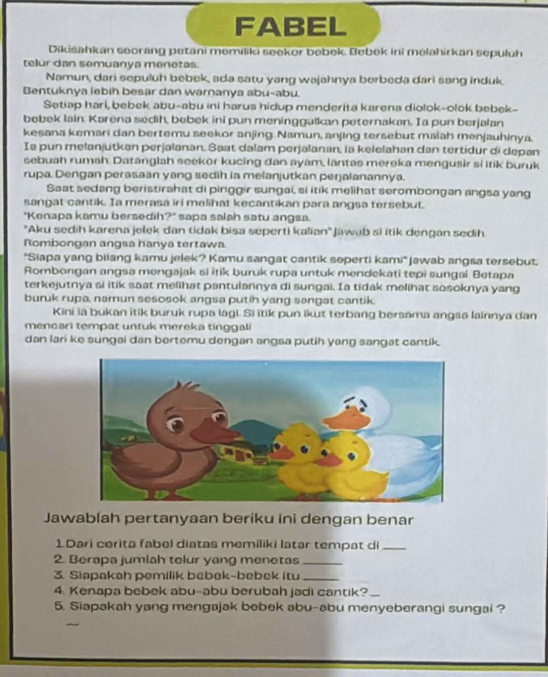 FABEL
Dikisahkan seorang petani memiliki seekor bebek Bebek ini mélahirkan sepuluh
telur dan semuanya menetes.
Namun, dari sepuluh bebek, ada satu yang wajahnya berbeda dari sang induk
Bentuknya lebih besar dan warnanya abu-abu.
Setiap hari, bebek abu-abu ini harus hidup menderita karena diolok-olok bebek-
bobek lain: Karena sedih, bebek ini pun meninggalkan peternakan, Ia pun berjalan
kesana kemari dan bertemu seekor anjing. Namun, anjing tersebut malah menjauhinya.
Is pun melanjutkan perjalanan. Sast dalam perjalanan, la kelelahan dan tertidur di depan
sebuah rumah Datanglah seekor kucing dan ayam, lantas mereka mengusir si itik buruk
rupa. Dengan perassan yang sedih ia melanjutkan peŋalanannya.
Saat aedang beristirahat di pinggir sungai, si itik melihat serombongan angsa yang
sangat cantik. Ia merasa irl melihat kecantikan para angsa tersebut.
"Kenapa kamu bersedih?" sapa salah satu angsa.
"Aku sedih karena jelek dan tidak bisa seperti kalian" jawab si ítik dengan sedih
Rombongan angsa hanys tertawa.
"Siapa yang biiang kamu jelek? Kamu sangat cantik seperti kami" awab angsa tersebut.
Rombongan angsa mengajak si itík buruk rupa untuk mendekati tepi sungai. Betapa
terkejutnya si itik saat melihat pantulannya di sungai. Ia tidak melihat sosoknya yang
buruk rupa, namun sesosok angsa putih yang sangat cantik.
Kini ia bukan itik buruk rupa lagi. Si itik pun ikut terbang bersama angsa lainnya dan
mencari tempat untuk mereka tinggali
dan lari ke sungai dan bertemu dengan angsa putih yang sangat cantik.
Jawablah pertanyaan beriku ini dengan benar
1 Dari cerita fabel diatas memiliki latar tempat di_
2. Berapa jumiah telur yang menetas_
3. Siapakah pemilik bebek-bebek itu_
4. Kenapa bebek abu-abu berubah jadi cantik?_
5. Siapakah yang mengajak bebek abu-abu menyeberangi sungai ?