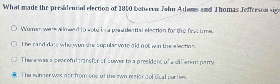 What made the presidential election of 1800 between John Adams and Thomas Jefferson sign
Women were allowed to vote in a presidential election for the first time.
The candidate who won the popular vote did not win the election.
There was a peaceful transfer of power to a president of a different party.
The winner was not from one of the two major political parties.