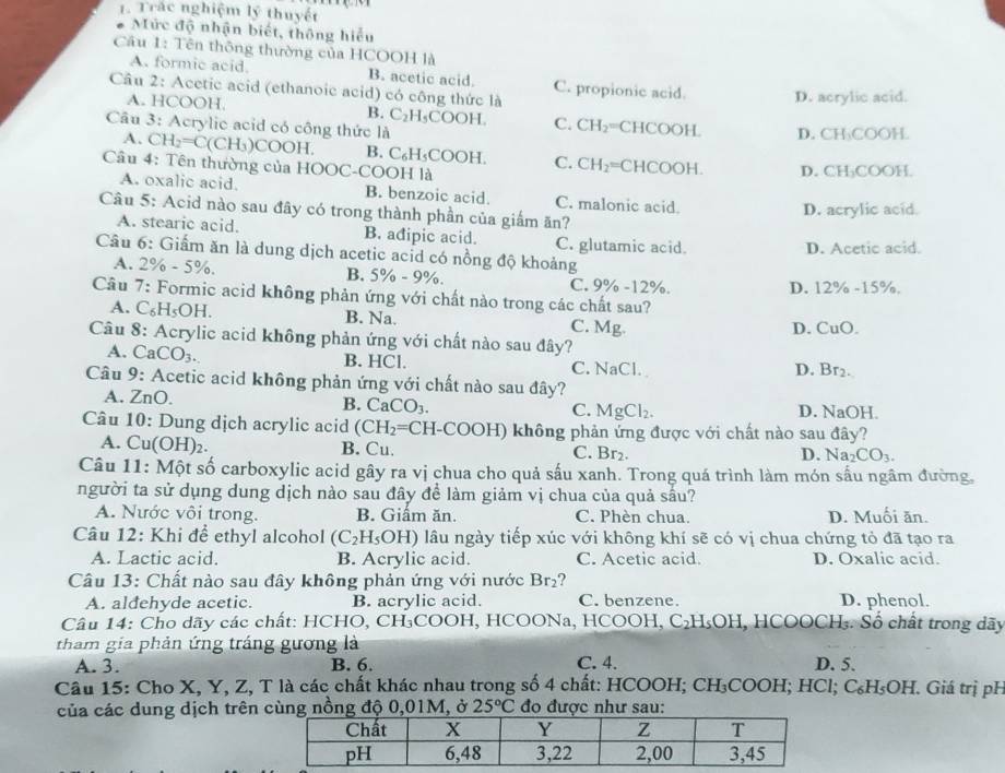 Trác nghiệm lý thuyết
Mức độ nhận biết, thông hiểu
Câu 1: Tên thông thường của HCOOH là
A. formic acid. B. acetic acid. C. propionic acid. D. acrylic acid.
Cầu 2: Acetic acid (ethanoic acid) có công thức là
A. HCOOH. B. C_2H_5C OOH C. CH_2= CHCOOH D. CH_3COOH
A.
Câu 3: Acrylic acid có công thức là CH_2=C(CH_3)COOH. B. C_6H_5COOH. C. CH_2= CHCOOH. D. CH_3CC OH
Câu 4: Tên thường của HOOC-COOH là
A. oxalic acid. B. benzoic acid. C. malonic acid.
D. acrylic acid.
Câu 5: Acid nào sau đây có trong thành phần của giảm ăn?
A. stearic acid. B. adipic acid. C. glutamic acid.
D. Acetic acid.
Câu 6: Giấm ăn là dung dịch acetic acid có nồng độ khoảng
A. 2% -5% .
B. 5% -9% C. 9% -12%. D. 12% -15%.
Câu 7: Formic acid không phản ứng với chất nào trong các chất sau?
A. C_6H_5OH. B. Na. C. Mg.
D. CuO.
Câu 8: Acrylic acid không phản ứng với chất nào sau đây?
A. Ca CO_3. B. HCl. C. NaCl. D. Br₂.
Câu 9: : Acetic acid không phản ứng với chất nào sau đây?
A. ZnO. B. CaCO_3. C. MgCl_2. D. NaOH.
Câu 10: Dung dịch acrylic acid (CH_2=CH-COOH) không phản ứng được với chất nào sau đây?
A. Cu(OH)_2. B. Cu. C. Br₂.
D. Na_2CO_3.
Câu 11 : Một số carboxylic acid gây ra vị chua cho quả sấu xanh. Trong quá trình làm món sấu ngâm đường,
người ta sử dụng dung dịch nào sau đây đề làm giảm vị chua của quả sấu?
A. Nước vôi trong. B. Giẩm ăn. C. Phèn chua. D. Muối ăn.
Câu 12: Khi để ethyl alcohol (C_2H_5OH) 0 lâu ngày tiếp xúc với không khí sẽ có vị chua chứng tỏ đã tạo ra
A. Lactic acid. B. Acrylic acid. C. Acetic acid. D. Oxalic acid.
Câu 13: Chất nào sau đây không phản ứng với nước Br₂?
A. aldehyde acetic. B. acrylic acid. C. benzene. D. phenol.
Câu 14: Cho dãy các chất: HCHO, CH₃COOH, HCOONa, HCOOH, C bH H OE I, HCOOCH₃. Số chất trong dãy
tham gia phản ứng tráng gương là
A. 3. B. 6. C. 4. D. 5.
Cầu 15: Cho X, Y, Z, T là các chất khác nhau trong số 4 chất: HCOOH; CH₃COOH; HCl; C₆H₅OH. Giá trị ph
của các dung dịch trên cùng nồng độ 0,01M, ở 25°C đo được như sau: