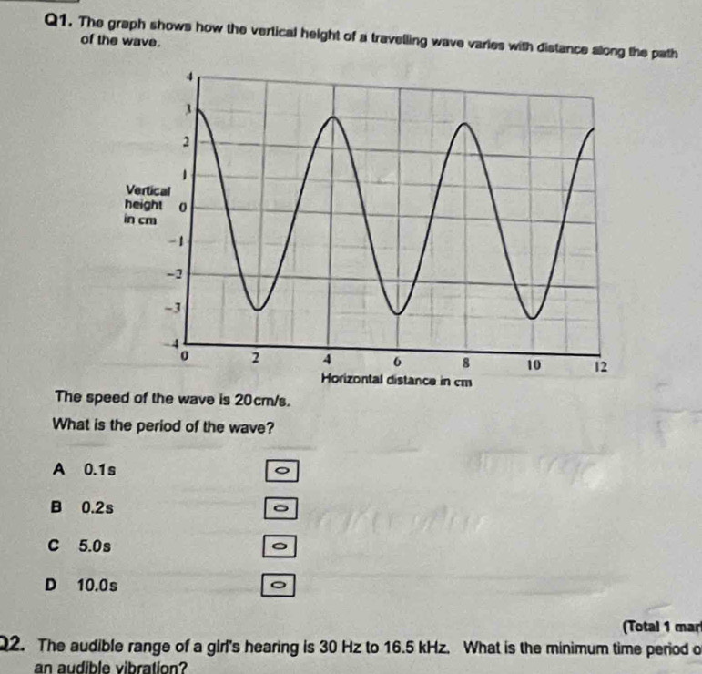 The graph shows how the vertical height of a travelling wave varies with distance along the path
of the wave.
The speed of the wave is 20cm/s.
What is the period of the wave?
A 0.1s
B 0.2s 。
C 5.0s 。
D 10.0s
。
(Total 1 mar
Q2. The audible range of a girl's hearing is 30 Hz to 16.5 kHz. What is the minimum time period o
an audible vibration?