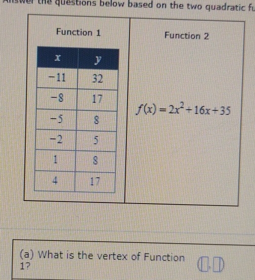 nswer the questions below based on the two quadratic fu 
Function 1 Function 2
f(x)=2x^2+16x+35
(a) What is the vertex of Function 
17