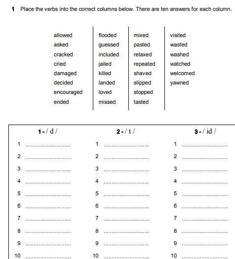 Place the verbs into the correct columns below. There are ten answers for each column.
10 _
10 _
10 _