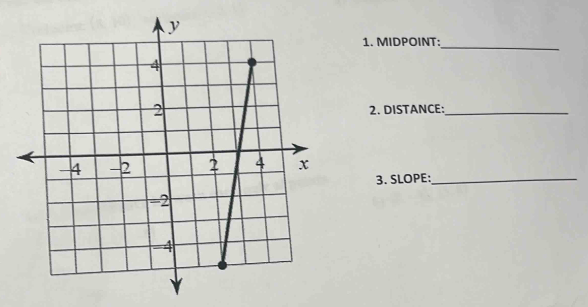 MIDPOINT:_ 
2. DISTANCE:_ 
3. SLOPE:_