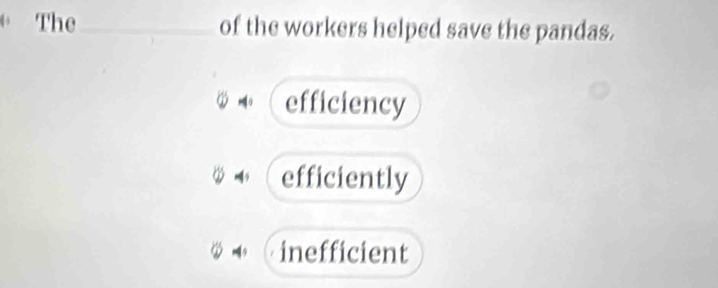 The_ of the workers helped save the pandas.
efficiency
efficiently
inefficient