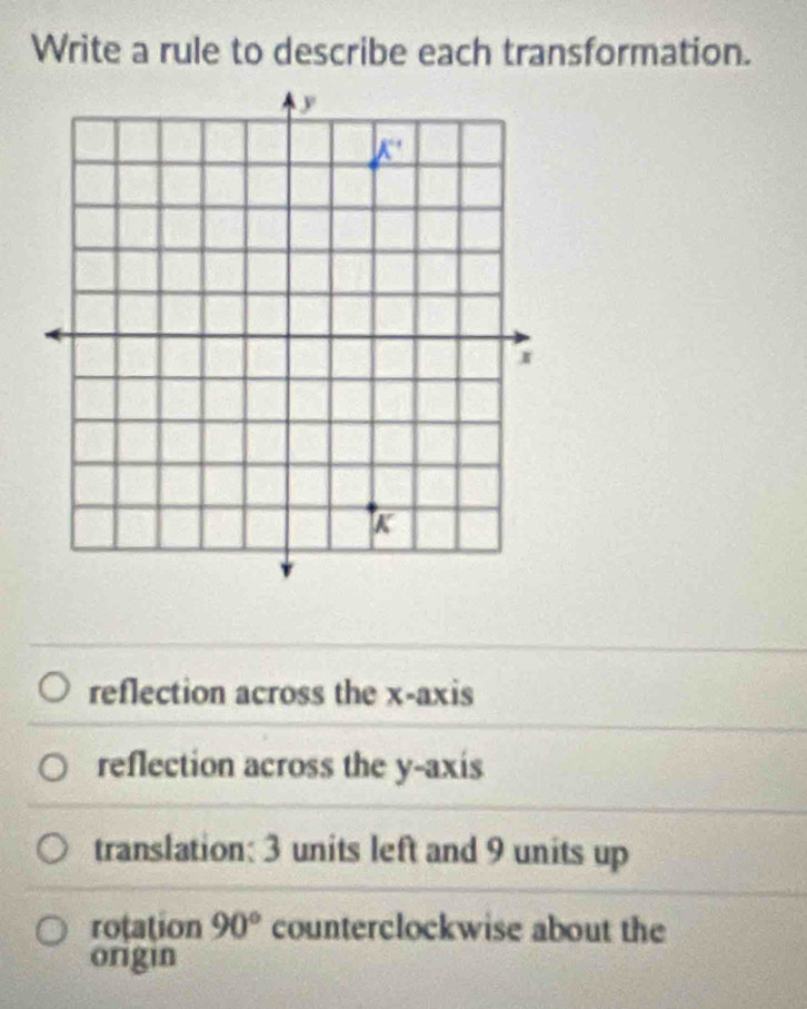 Write a rule to describe each transformation.
reflection across the x-axis
reflection across the y-axis
translation: 3 units left and 9 units up
rotation 90° counterclockwise about the
origin