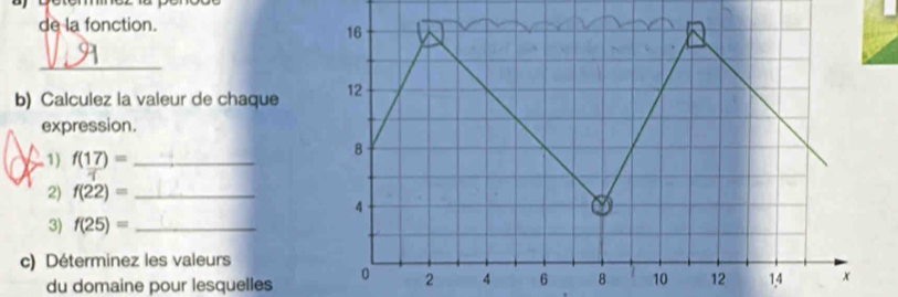 de la fonction. 
_ 
b) Calculez la valeur de chaque 
expression. 
1) f(17)= _ 
2) f(22)= _ 
3) f(25)= _ 
c) Déterminez les valeurs 
du domaine pour lesquelles