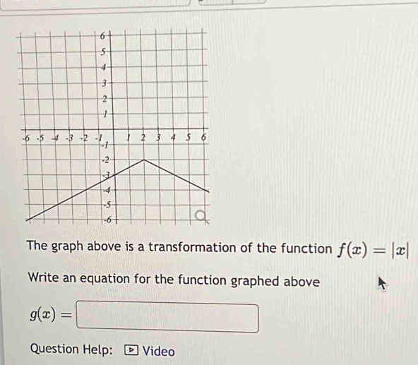 The graph above is a transformation of the function f(x)=|x|
Write an equation for the function graphed above
g(x)=□
Question Help: Video