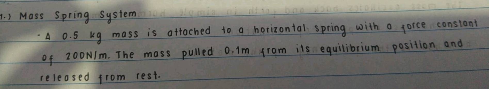 ) Mass Spring system 
A 0. 5 kg mass is attached to a horizontal spring with a force constant 
of 200N/m. The mass pulled 0. Im from its equilibrium position and 
releosed from rest.