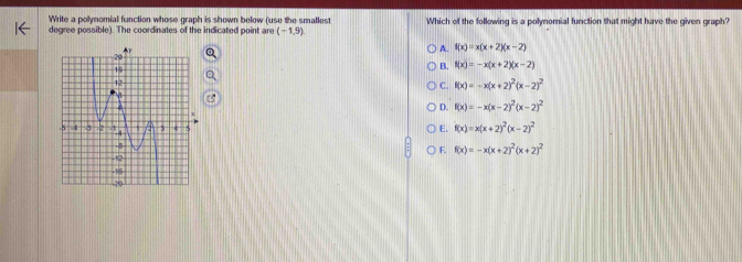 Write a polynomial function whose graph is shown below (use the smallest
degree possible). The coordinates of the indicated point are (-1,9) Which of the following is a polynomial function that might have the given graph?
A. f(x)=x(x+2)(x-2)
B. f(x)=-x(x+2)(x-2)
C. f(x)=-x(x+2)^2(x-2)^2
D. f(x)=-x(x-2)^2(x-2)^2
E. f(x)=x(x+2)^2(x-2)^2
F. f(x)=-x(x+2)^2(x+2)^2