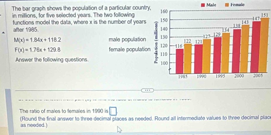 Malc Female 
The bar graph shows the population of a particular countr 
in millions, for five selected years. The two following1 
functions model the data, where x is the number of years
after 1985.
M(x)=1.84x+118.2 male population
F(x)=1.76x+129.8 female populatio 
Answer the following questions. 
The ratio of males to females in 1990 is □ 
(Round the final answer to three decimal places as needed. Round all intermediate values to three decimal place 
as needed.)